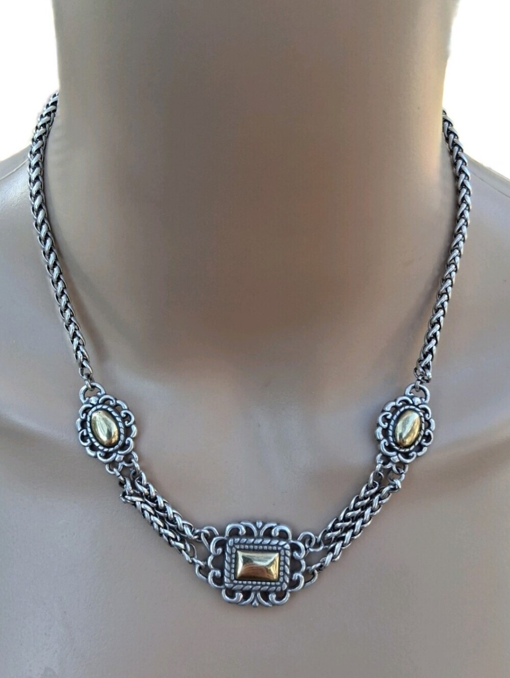 RETIRED Brighton Toledo Two-Tone Silver & Gold Mixed Link Station Necklace